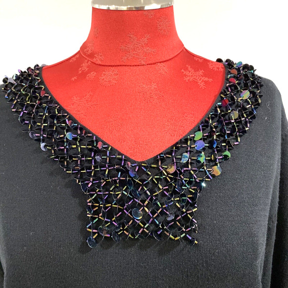 Quacker Factory black tunic sweater sequins embellishment neck and cuff size S - Picture 3 of 9